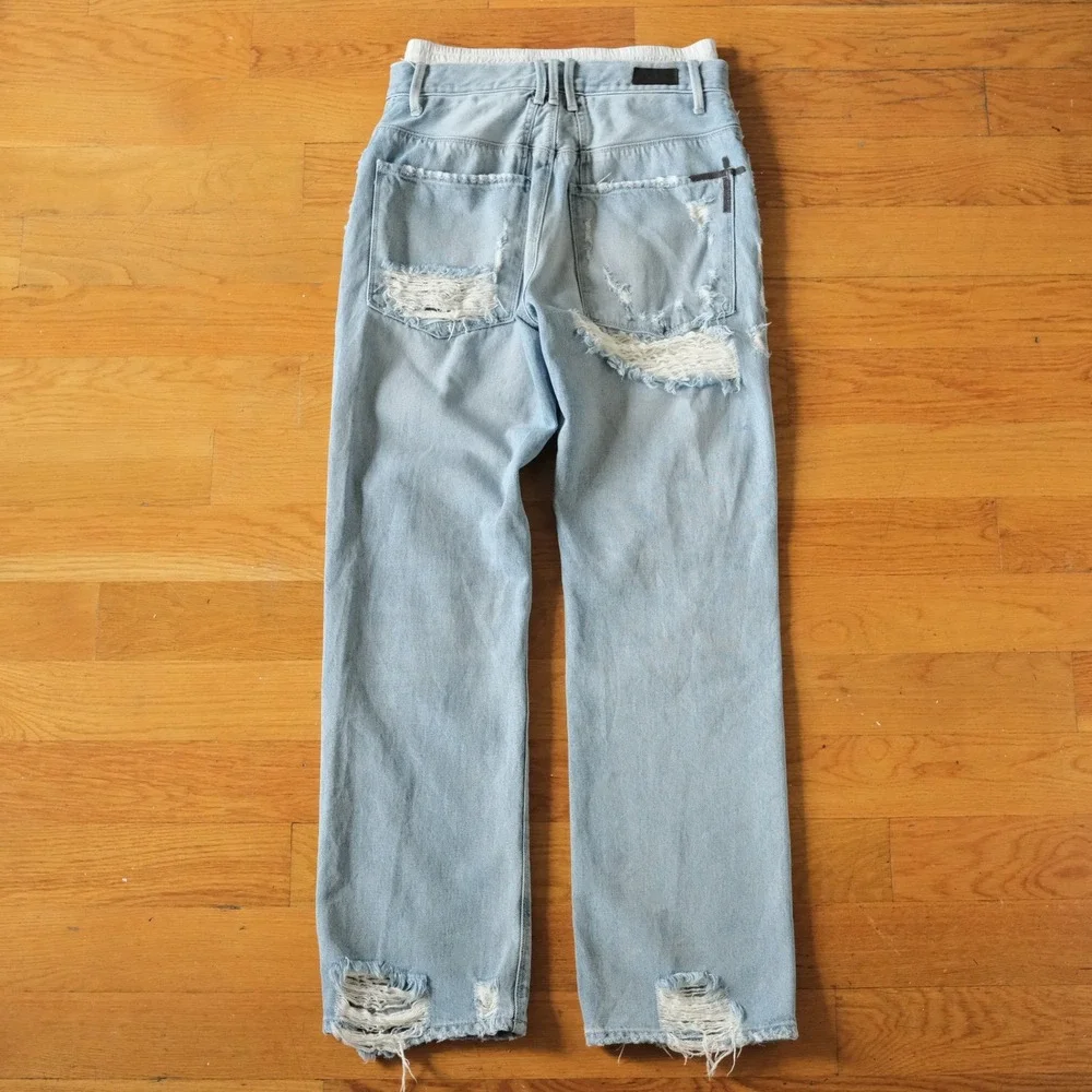 RtA Kallan Straight Leg‎ Jeans Womens Light Blue Distressed Silk Boxer Waist 28